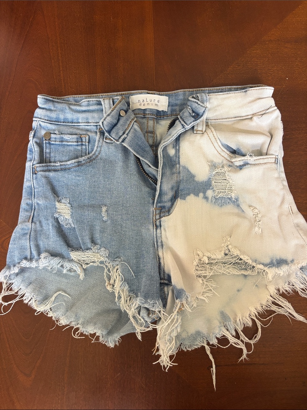 Nature Denim Two-Tone Distressed Jean Shorts - Light Blue & White